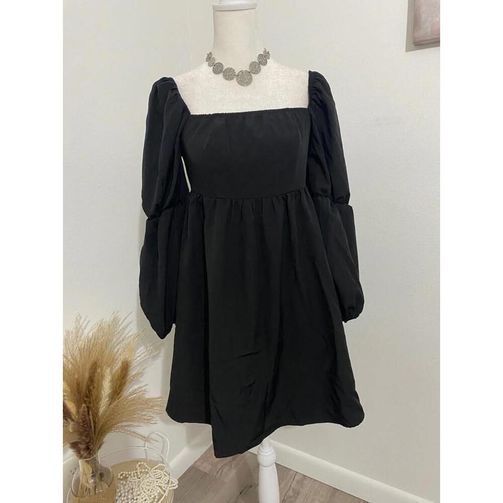 Black Puff Sleeve Mini Dress Black-Small-New (0015)